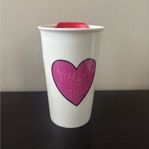 Ceramic Travel White Tumbler with Pink Heart Design